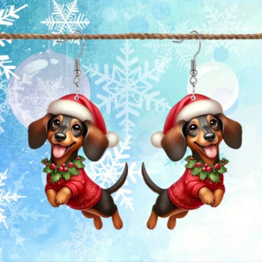 Holiday Christmas Acrylic Daschund Pierced Earrings. NWOT